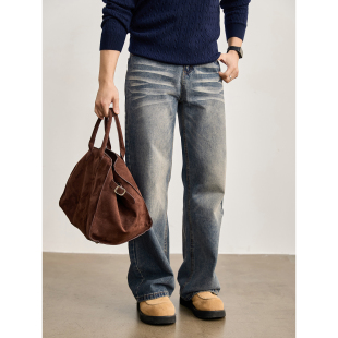 男做旧感街头风阔腿长裤 复古水洗波浪纹宽松直筒牛仔裤 美式 LUUD