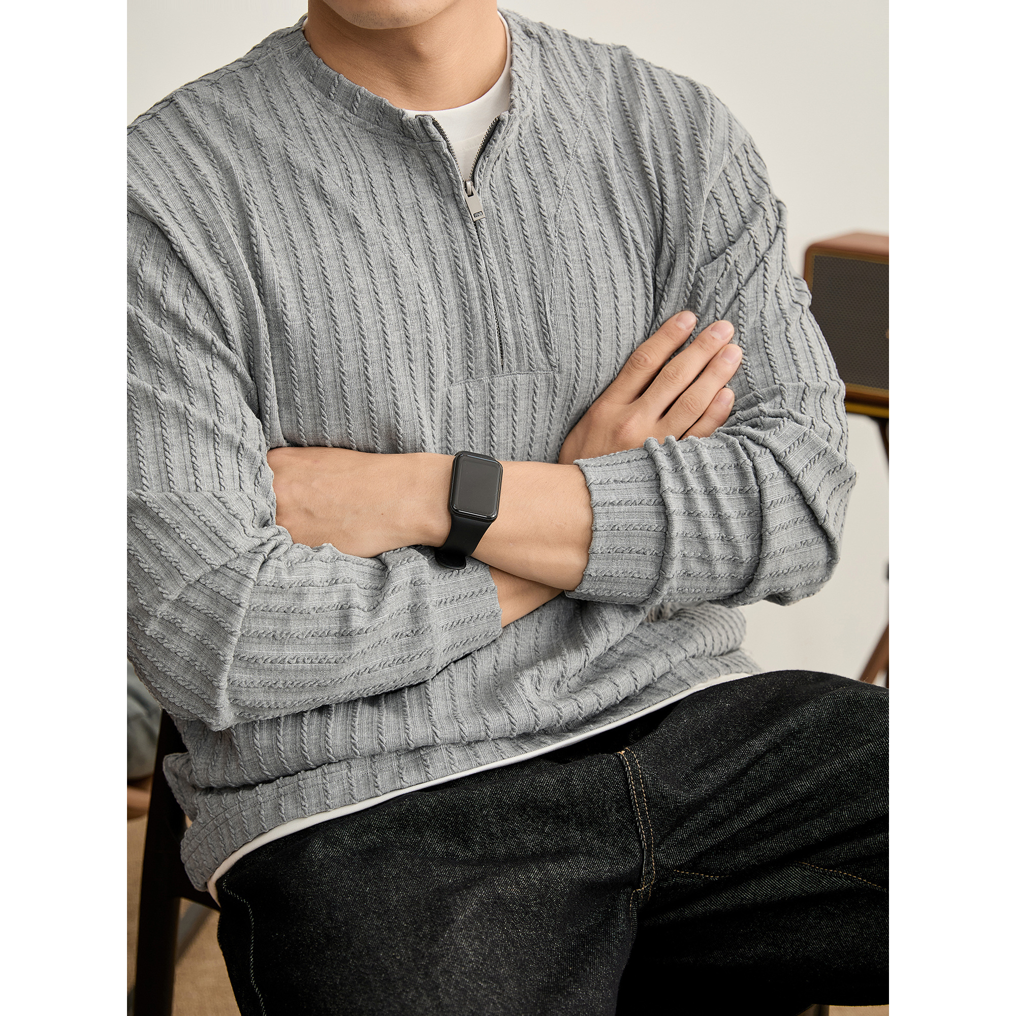 LUUD 重磅300g立体扭扭条针织卫衣男拉链款亨利领假两件长袖秋季