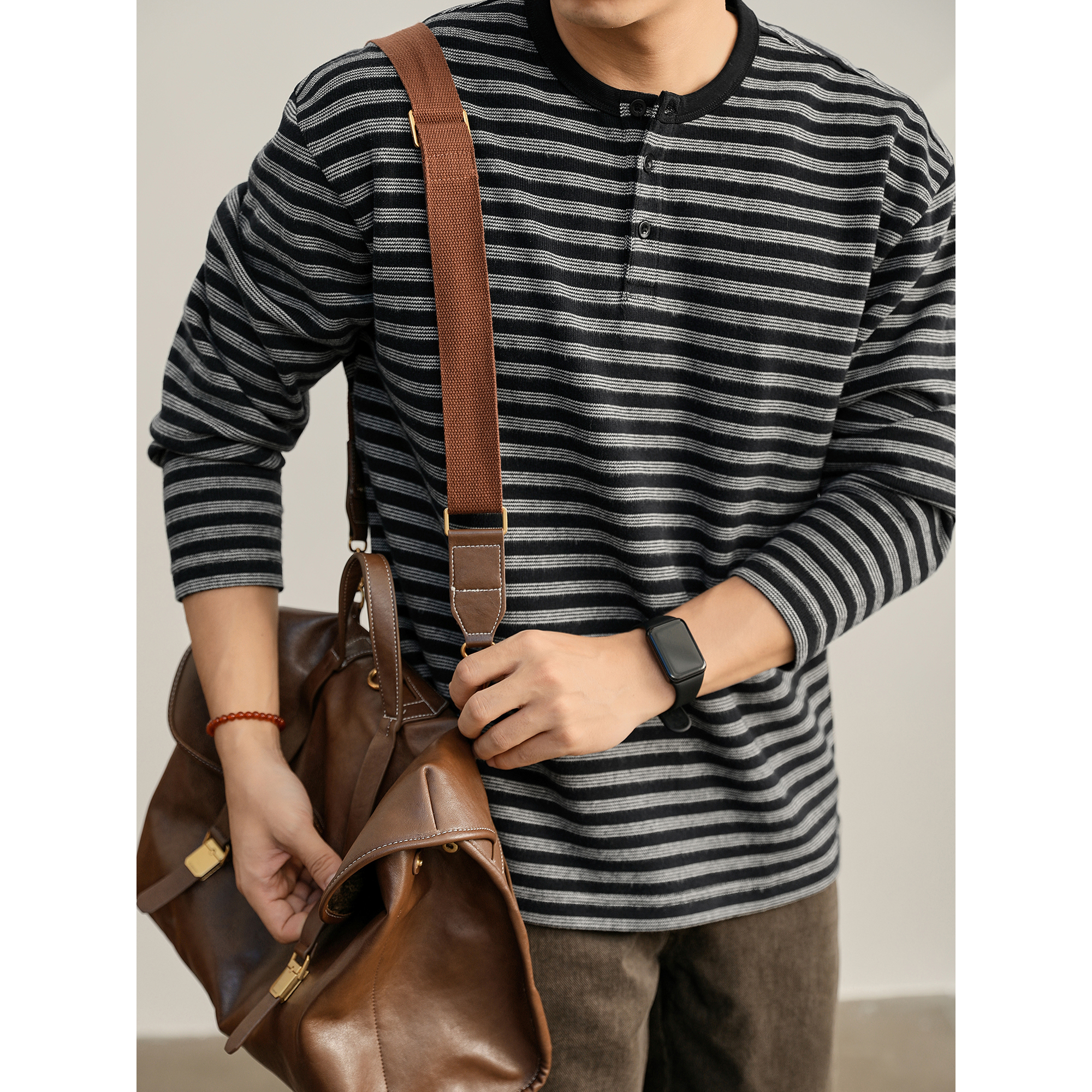 LUUD 雅痞老钱条纹撞色针织亨利领长袖卫衣时尚休闲落肩上衣T恤男