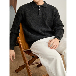 男士 黑色针织POLO衫 坑条编织肌理羊毛混纺翻领毛衣 百搭韩版 LUUD