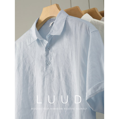 LUUD 文艺儒雅卷袖纯亚麻海鸥领POLO衫男夏透气老钱风翻领短袖T恤