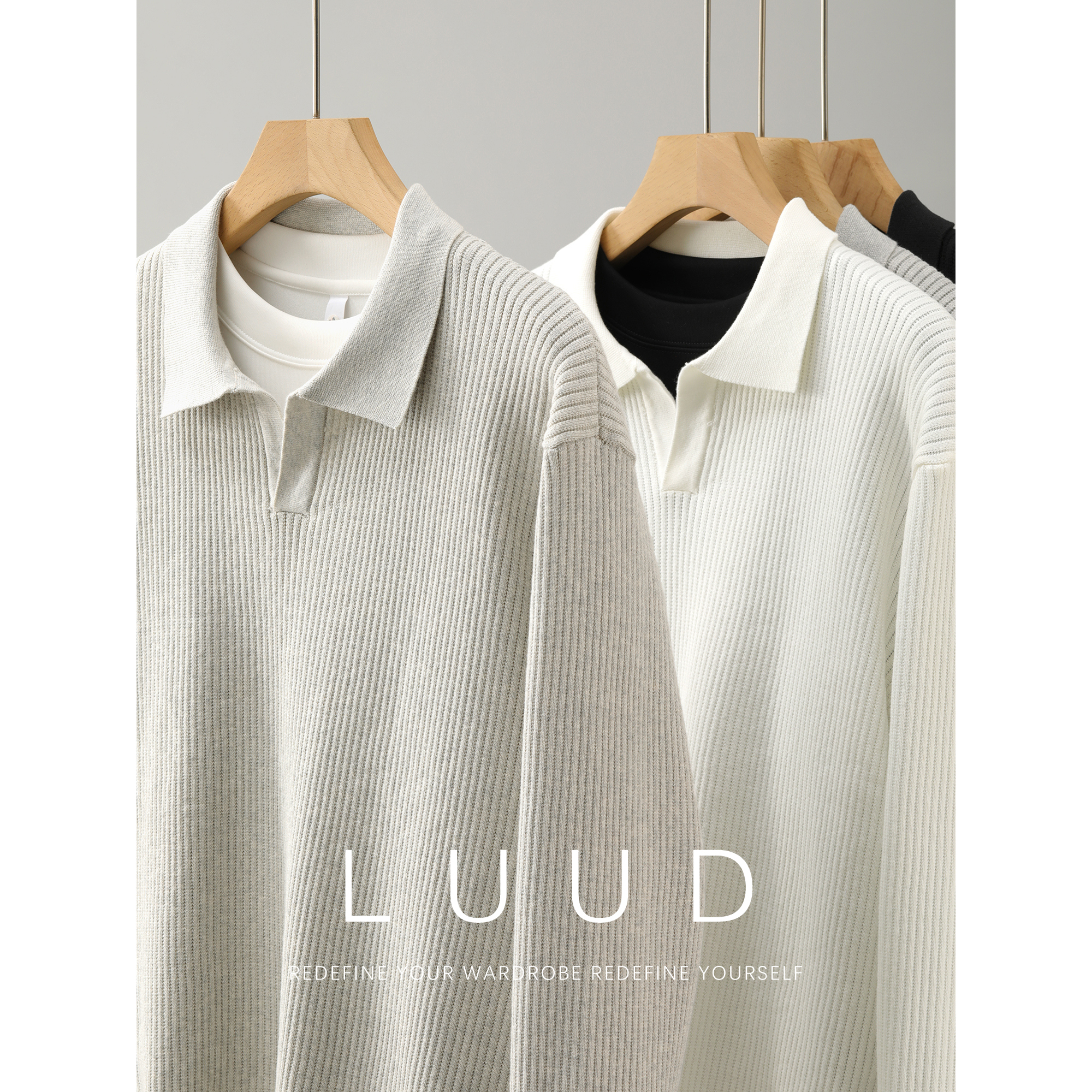 LUUD 韩版气质男士POLO领针织衫秋冬坑条肌理水洗棉纯色套头毛衣