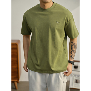 LUUD 芥末绿青春潮流小刺绣T恤男生夏日休闲落肩上衣洗水棉短袖衫