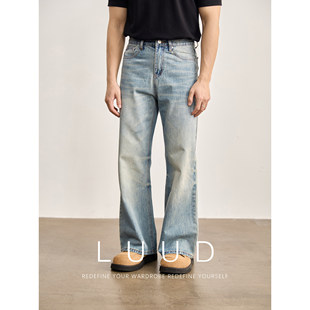 休闲长裤 轻微磨破渐变猫须纹男士 复古怀旧蓝水洗做旧牛仔裤 LUUD