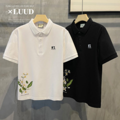 LUUD 短袖翻领POLO衫男夏季高级感花卉图案印花修身珠地棉T恤上衣