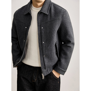 LUUD 翻领夹克 男秋冬轻熟风含羊毛保暖呢料外套铆钉拼接工艺短款