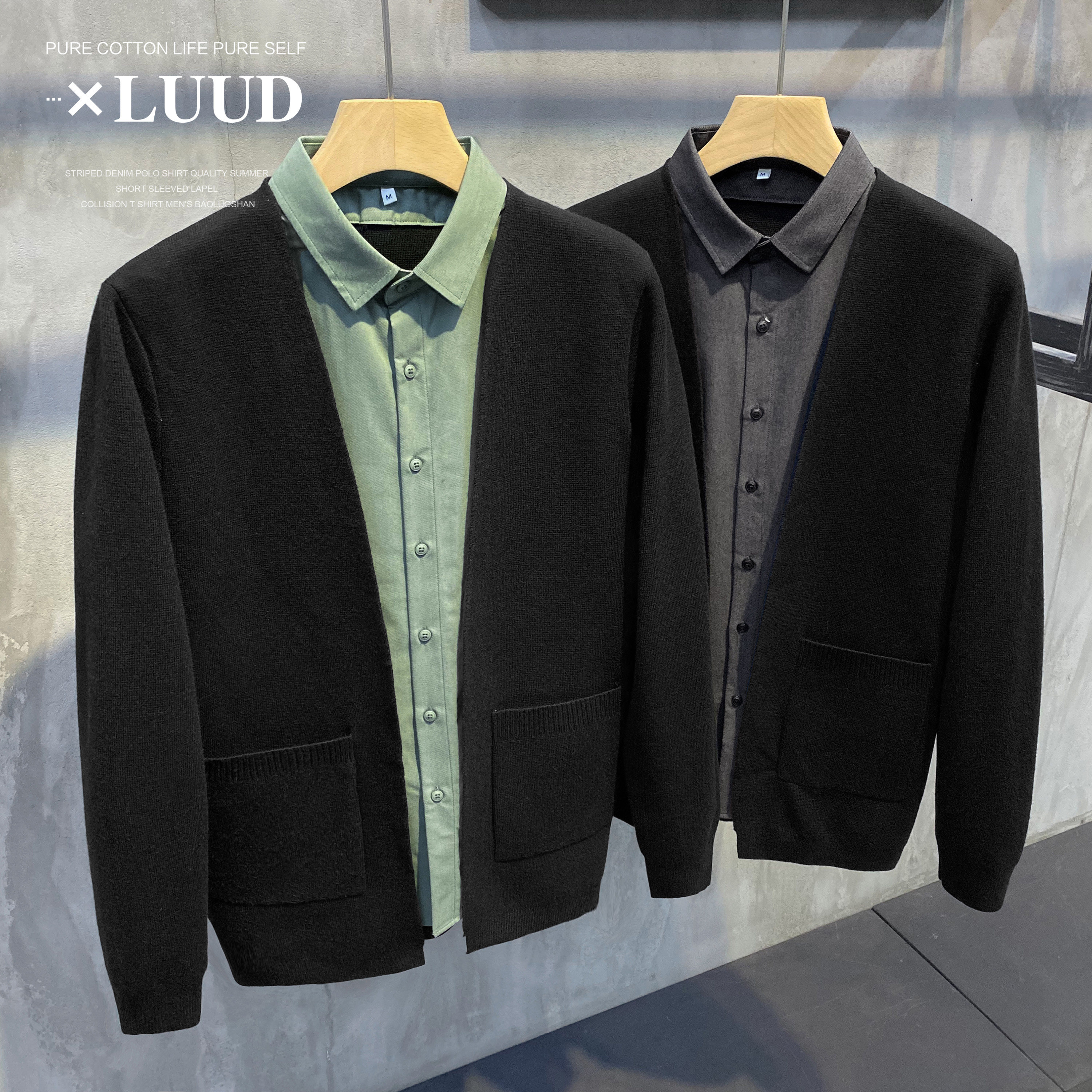 LUUD MENS FAKE TWO-PIECE CASUAL KNIT CARDIGAN FASHION LAPEL PANEL ENGLISH TOP SLIM FIT SHIRT SWEATER