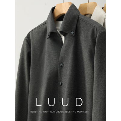 LUUD 保暖磨毛呢料斜纹翻领长袖外套男弧形下摆高级复古无痕衬衫