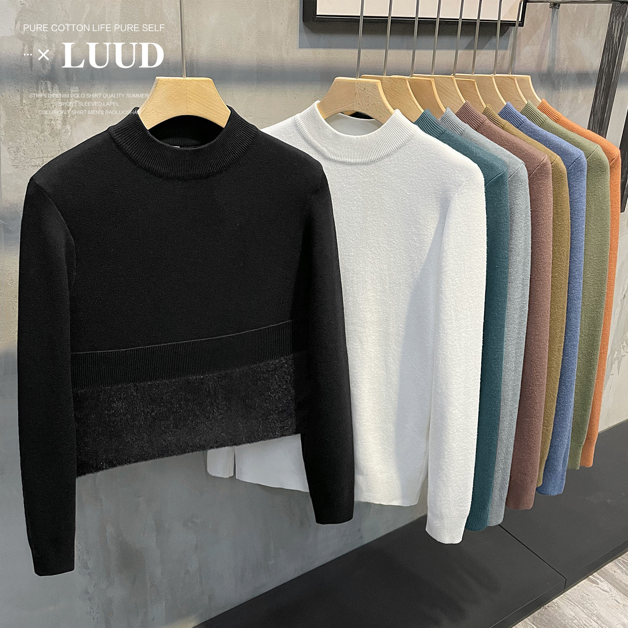 LUUD 남성용 올인원 벨벳 가열 미드 칼라 두꺼운 바닥 스웨터 다용도 겨울 하프 터틀넥 스웨터 트렌드