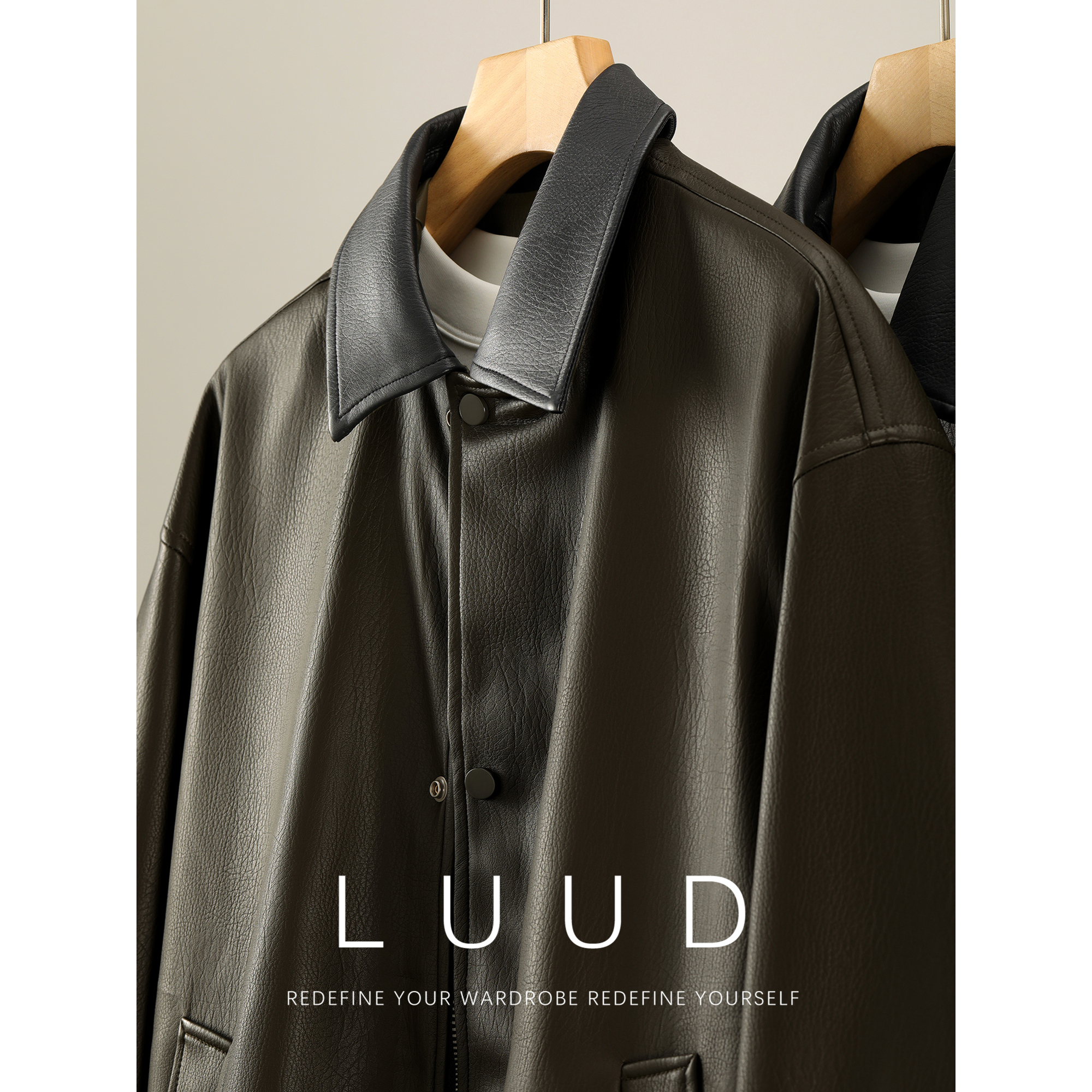 LUUD 暗纹肌理拼色翻领机车夹克皮衣男冬松紧下摆双门襟PU皮外套