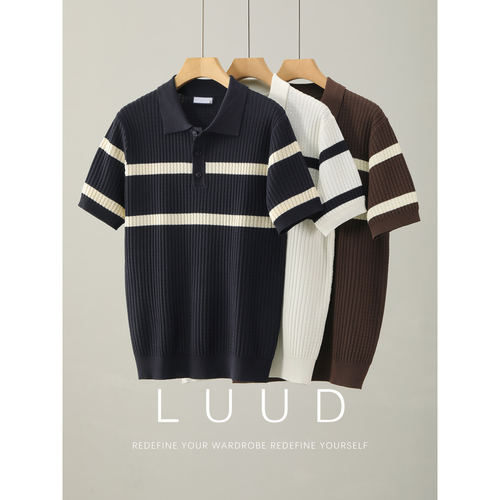 LUUD 复古老钱撞色条纹翻领短袖T恤男夏波浪坑条肌理感针织POLO衫
