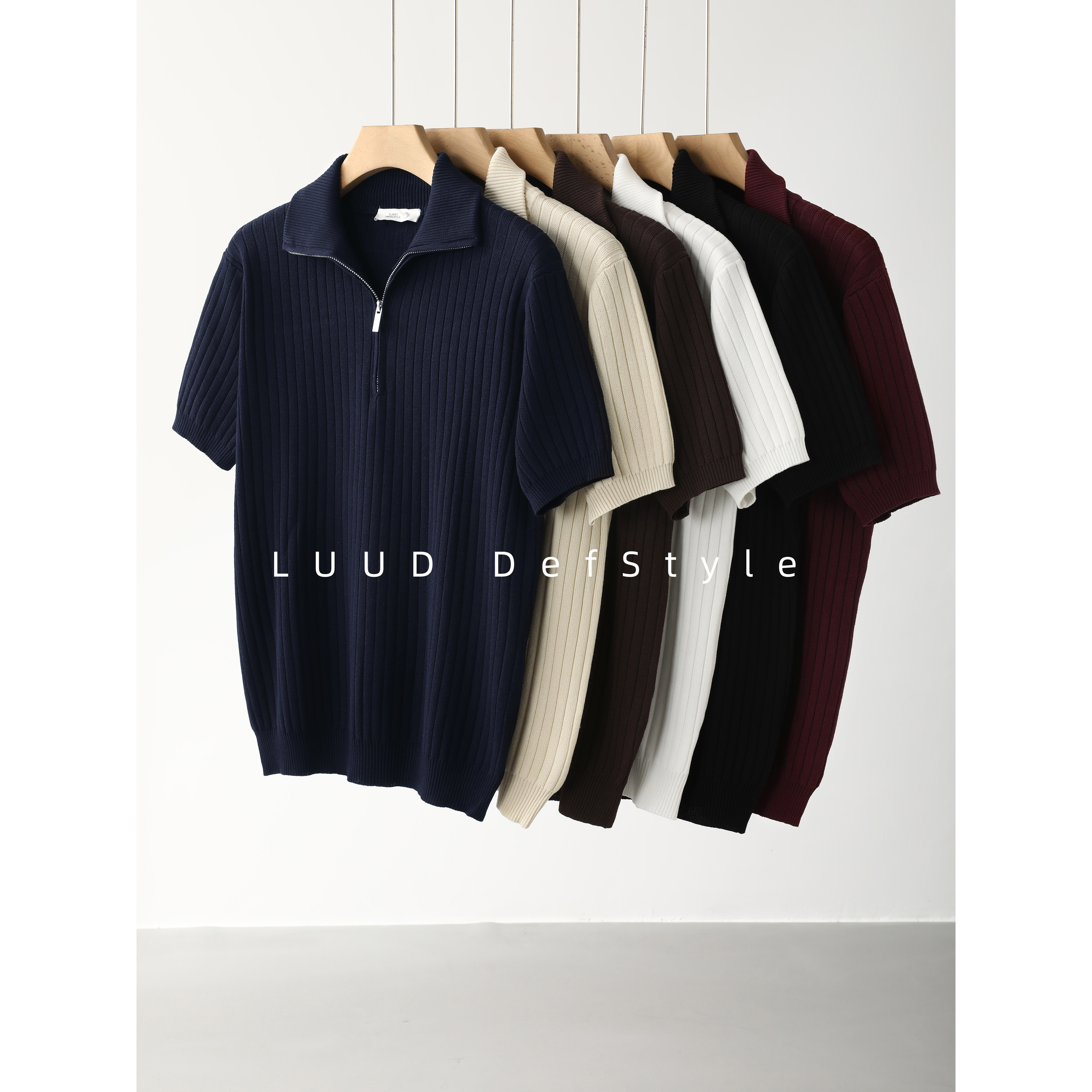 LUUD 老钱风竖坑条肌理修身短袖夏季半拉链可翻折高领针织T恤男士