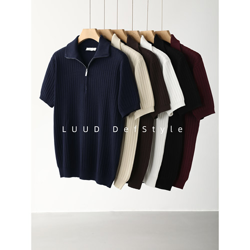 LUUD 老钱风竖坑条肌理修身短袖夏季半拉链可翻折高领针织T恤男士