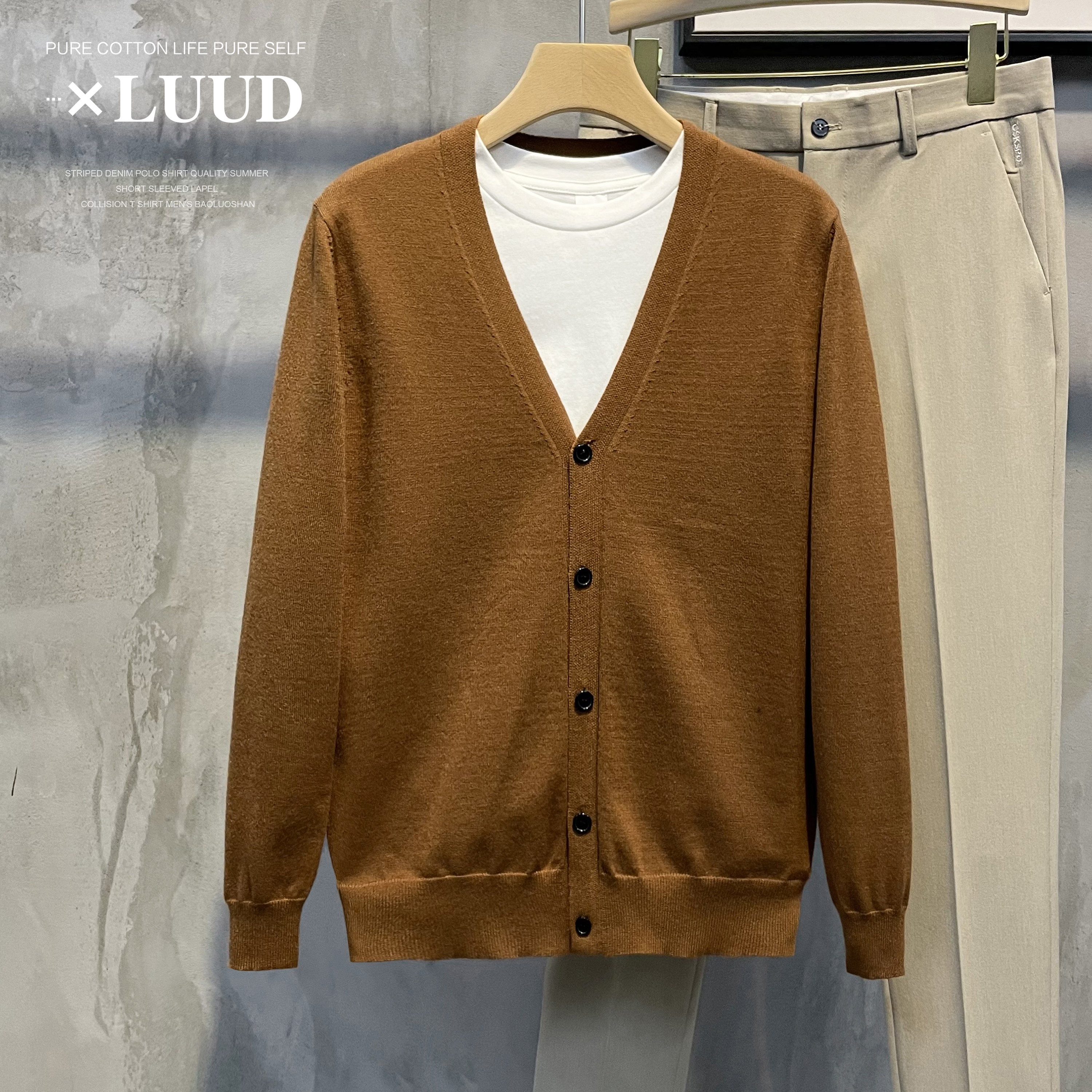 LUUD 남성용 심플 솔리드 컬러 니트 V 넥 가디건 가벼운 럭셔리 신사 가을 겨울 다목적 싱글 브레스트 스웨터 재킷