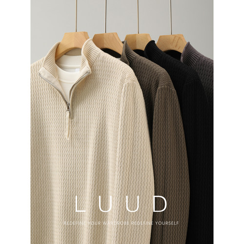 LUUD 卷边设计男士拉链半高领针织衫冬季保暖亲肤波浪肌理感毛衣