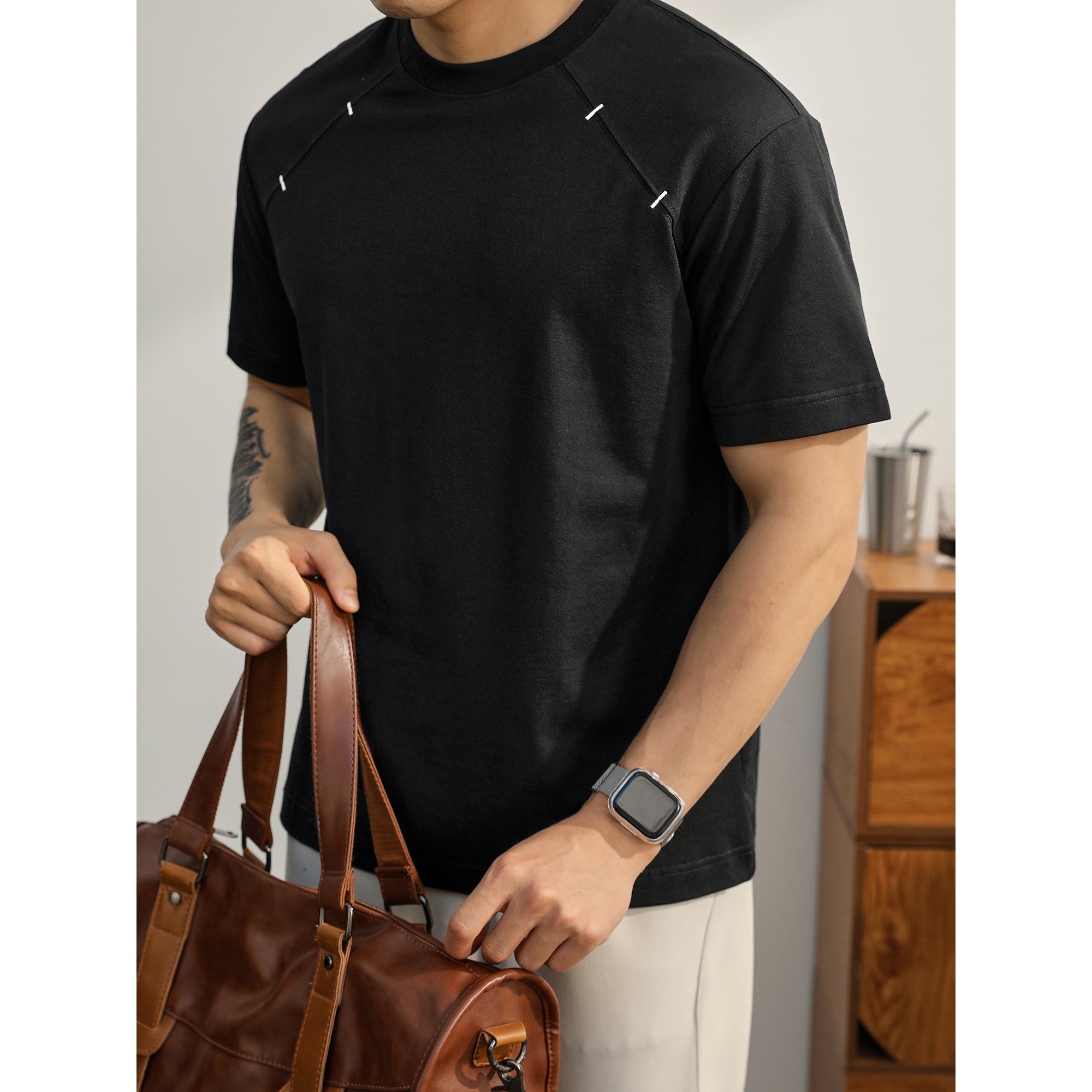 LUUD 潮牌拼接设计短袖T恤男士280G重磅休闲纯色上衣痞帅圆领体恤