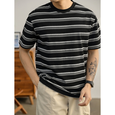 LUUD 色织提花间色条纹撞色T恤衫复古男士轻奢230g太古棉短袖上衣