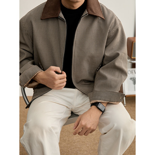 LUUD 撞色灯芯绒翻领短宽外套高端老钱风千鸟格双拉链夹克男冬装