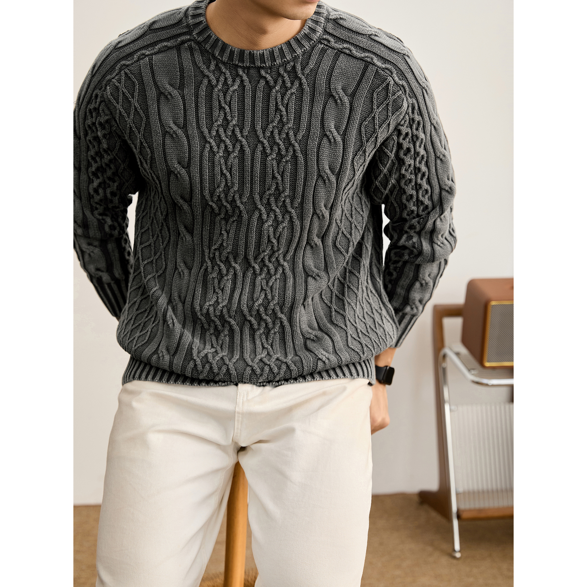 LUUD 立体绞花肌理感渐染水磨针织衫男士重磅100%纯棉抗起球毛衣