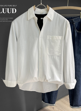 LUUD 早秋流行休闲百搭白色衬衣男青春潮流纯棉文艺潮男长袖衬衫