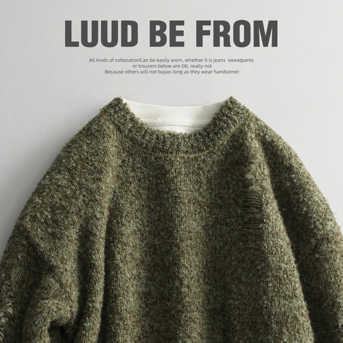 LUUD 绵羊毛绒面长袖毛衣男潮流划破设计圆领痞帅上衣单穿针织衫
