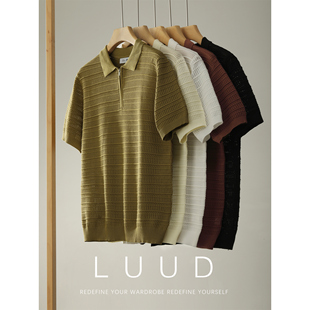 LUUD 极简儒雅男士 网眼镂空针织翻领短袖 T恤条纹肌理半拉链POLO衫