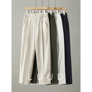 男 子莱赛尔混纺亚麻长裤 LUUD 竹节混色纹理抽绳松紧腰直筒休闲裤