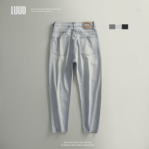 LUUD 美式复古做旧牛仔九分裤夏季潮牌休闲水洗漂白小直筒裤男士