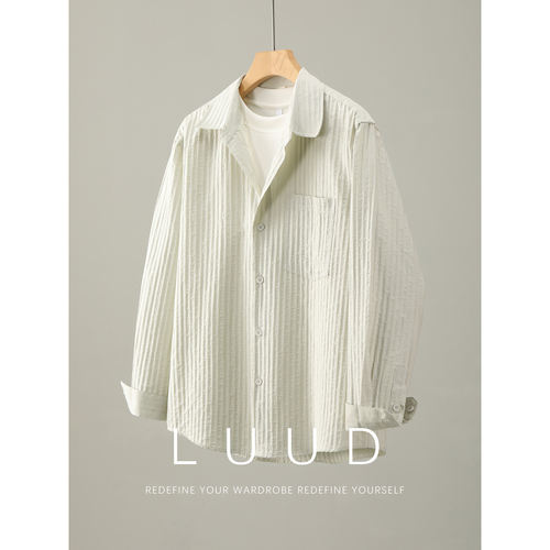 LUUD 男春天丝莱赛尔纯色长袖衬衫立体竖纹泡泡肌理轻盈衬衣外套