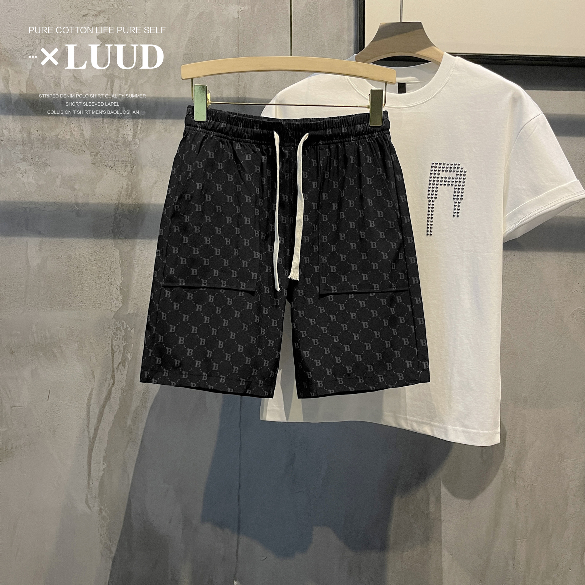 LUUD 字母满印印花裤子潮牌轻奢松紧腰裤子抽绳短裤休闲修身中裤