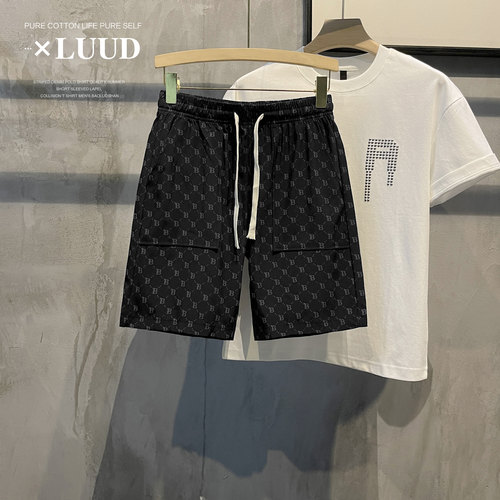 LUUD 字母满印印花裤子潮牌轻奢松紧腰裤子抽绳短裤休闲直筒中裤