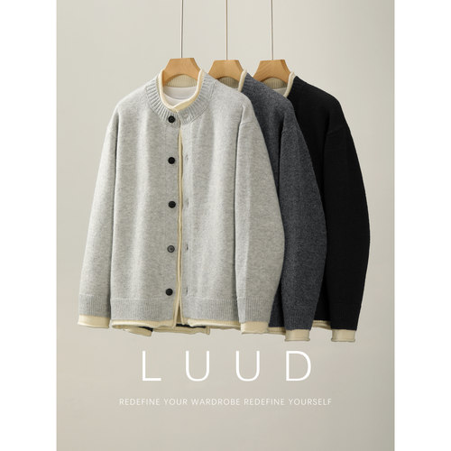 LUUD 男冬重磅加厚羊毛混纺针织开衫卷边收口假两件软糯毛衣外套