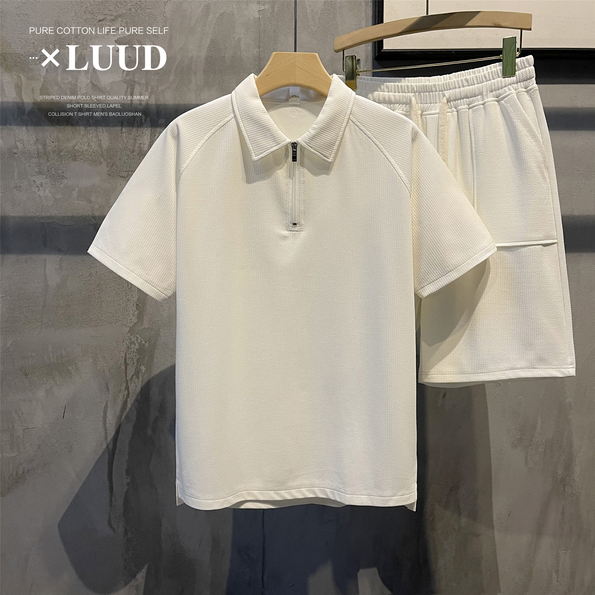 LUUD BOYS SIMPLE LOOSE RAGLAN SHOULDER PAUL SHIRT SUMMER LAPEL HALF ZIP SOLID COLOR SHORT SLEEVE POLO SHIRT TREND