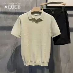 Luud Summer Breathable Knitted Polot Shirt Retro Wave Texture Short-Sleeved Men's Casual Lapel Top