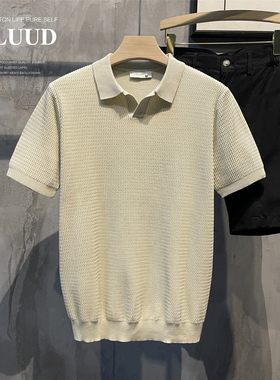 LUUD 夏装透气针织POLOT恤衫复古波浪纹理感短袖男士休闲翻领上衣