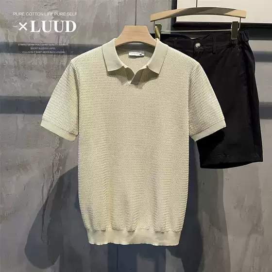 Luud Summer Breathable Knitted Polot Shirt Retro Wave Texture Short-Sleeved Men's Casual Lapel Top