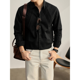 个性 LUUD 衬衫 雅痞潮奢感100%纯棉黑色长袖 抽褶原创水洗衬衣 美式