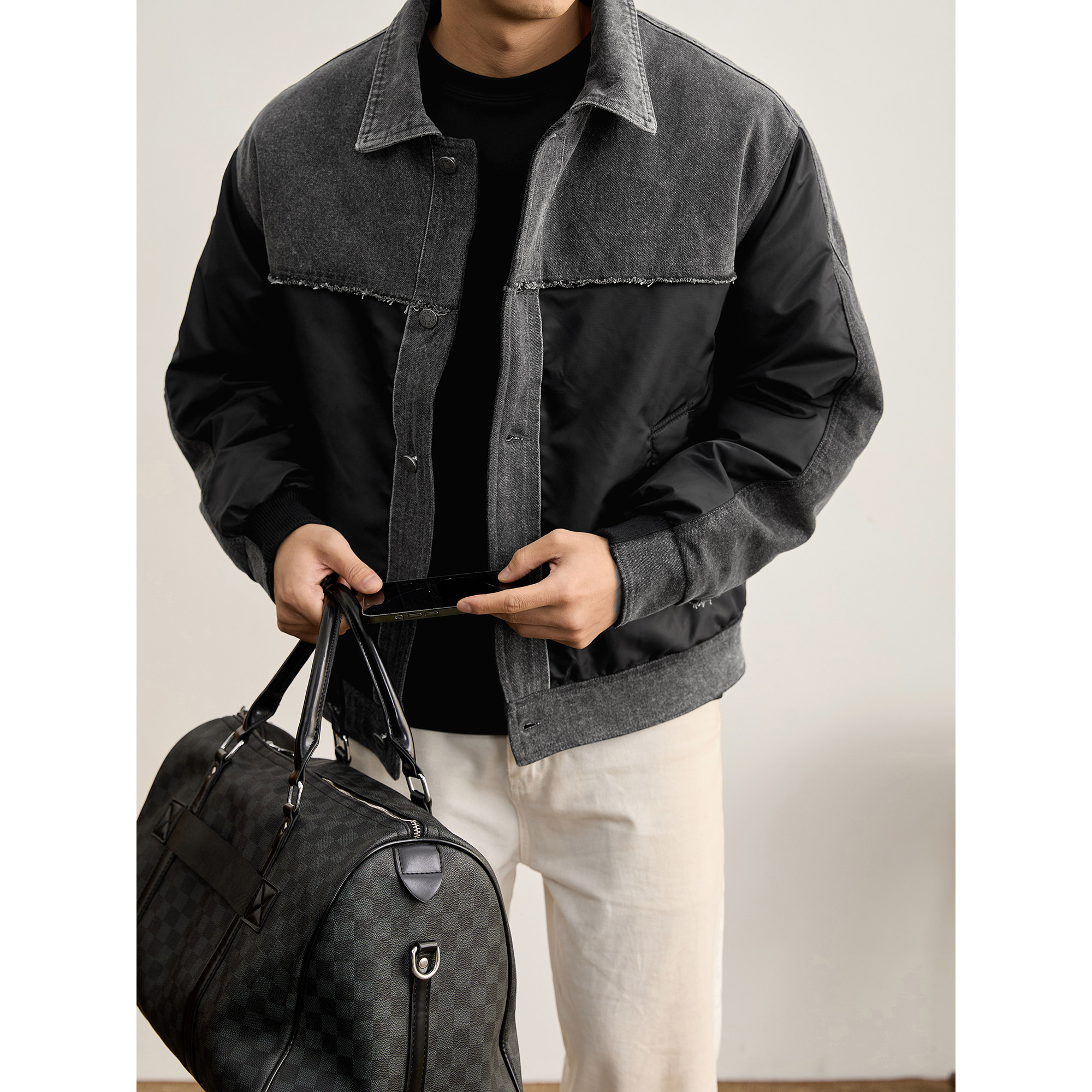 LUUD 90白鸭绒撞色牛仔拼料羽绒服独特个性拼接设计翻领外套潮男