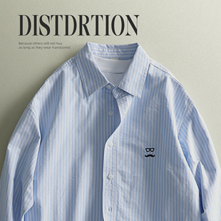 男原创胡子先生小刺绣外搭翻领衬衣 衬衫 LUUD 日系竖条纹撞色长袖