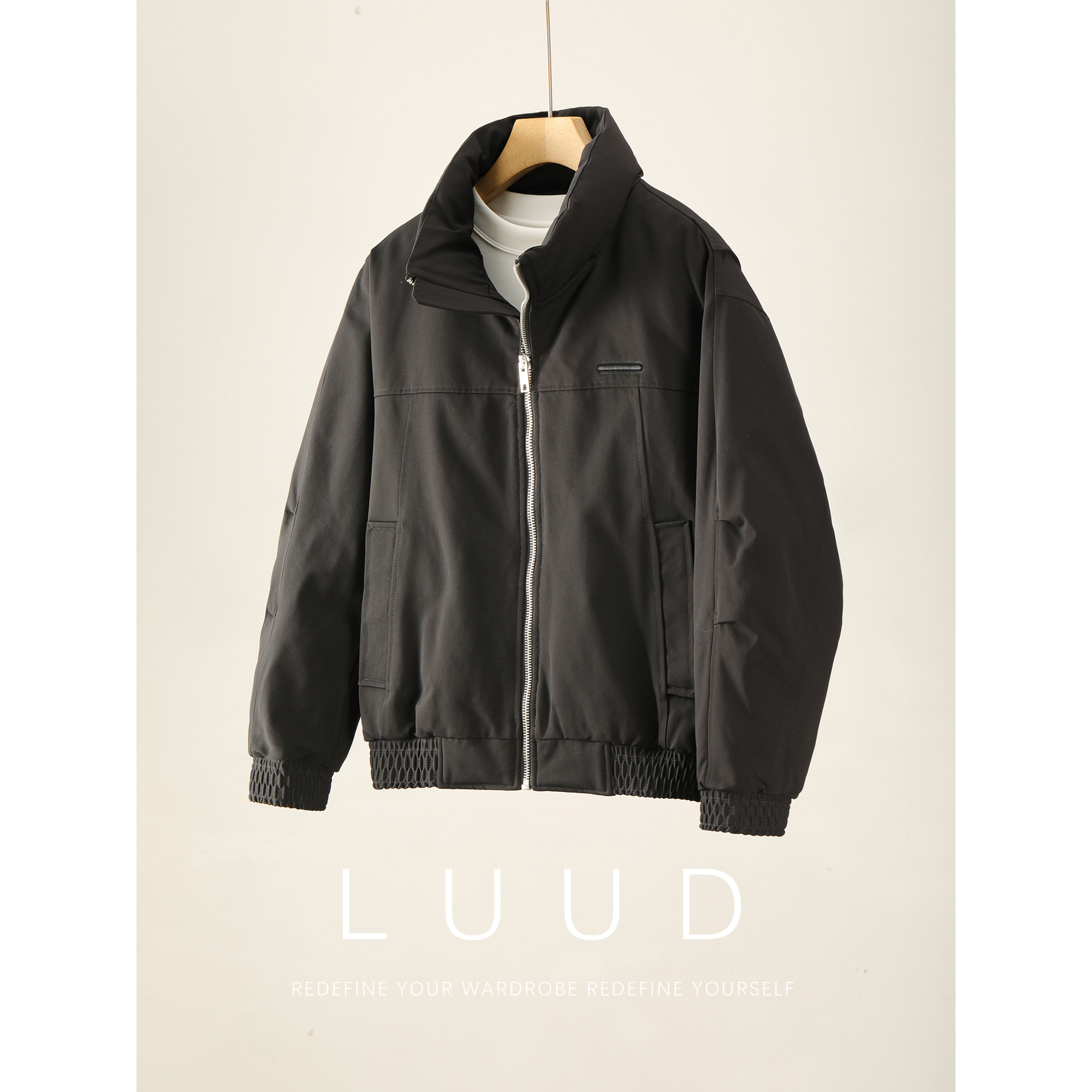 LUUD Bomber短宽剪裁飞行夹克羽绒服男冬90鸭绒工装风抽褶袖外套