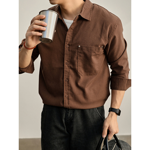 秋季 LUUD 衬衫 复古咖啡色棉麻长袖 老钱风极简纯色衬衣外套男 美式