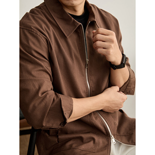 LUUD 高品质亚麻混纺双拉链休闲衬衣外套净色复古大贴袋翻领夹克
