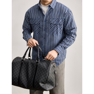 男 100纯棉撞色格子衬衣外套老钱纽扣双贴袋翻领衬衫 LUUD 潮流美式