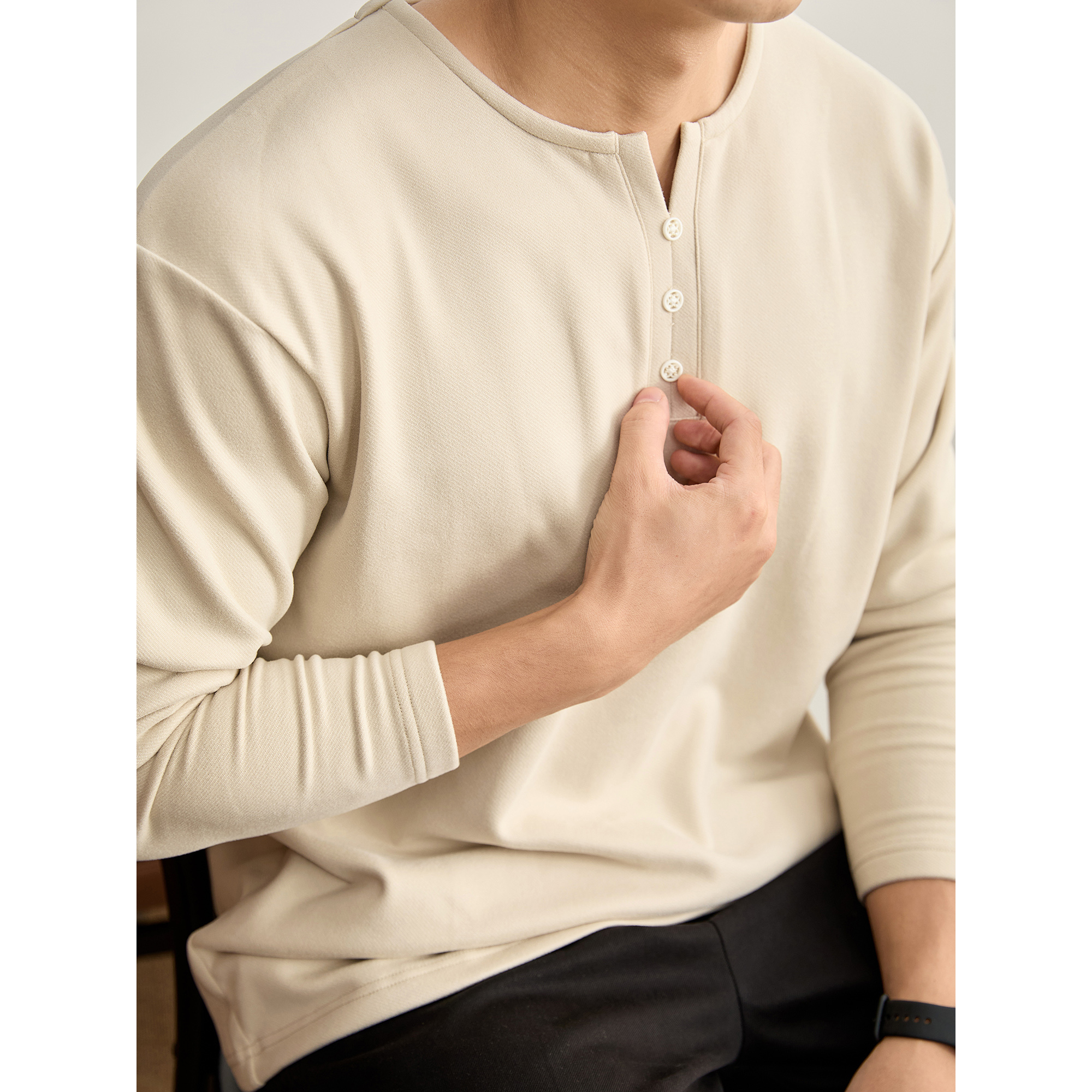 LUUD 秋冬亲肤质感斜纹一体绒套头长袖小V亨利领保暖磨毛T恤衫男