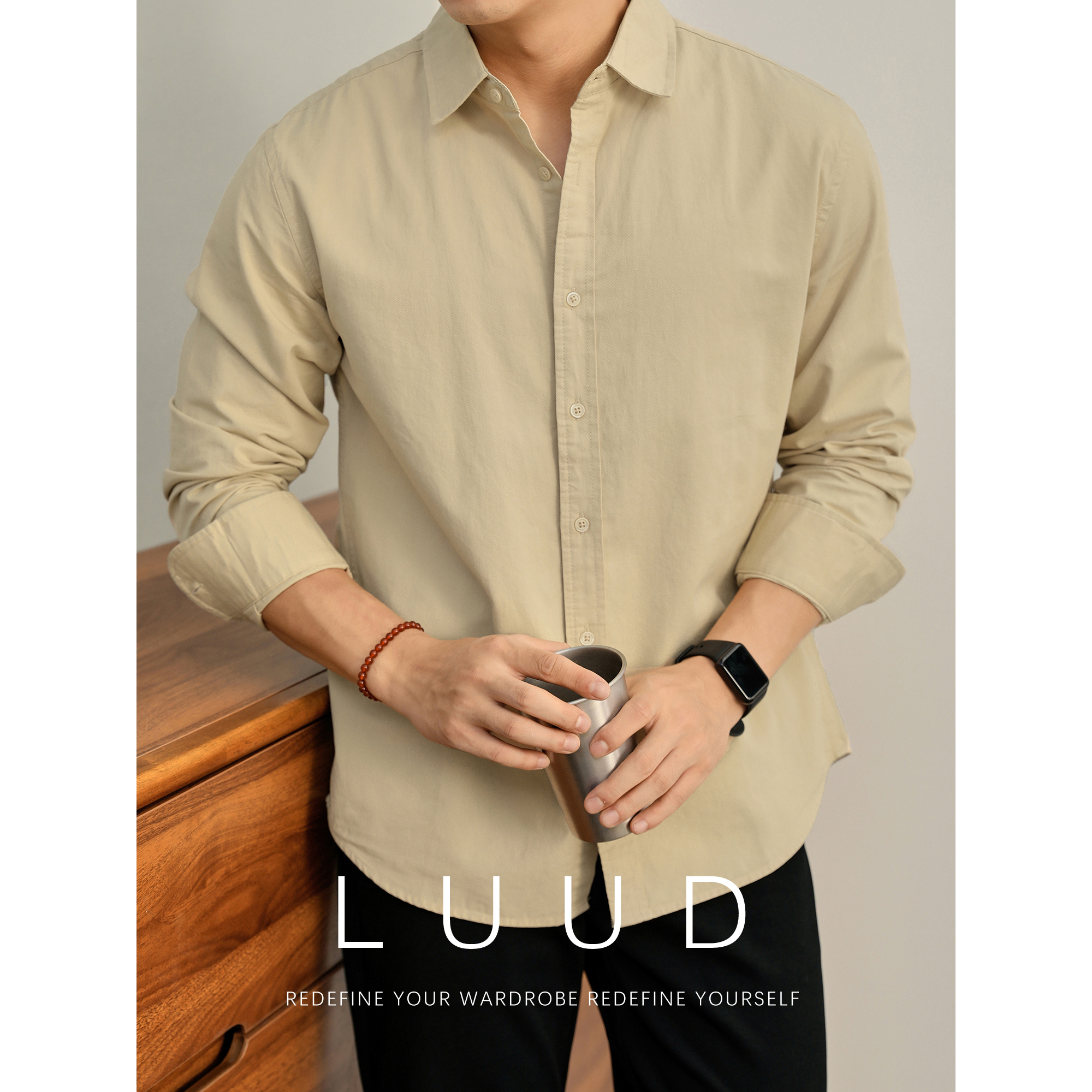 LUUD 通勤休闲纯棉叠穿长袖衬衫秋季慵懒文艺老钱风翻领衬衣男款