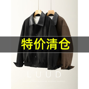 麂皮绒短宽款 羽绒服外套冬季 机车夹克 85白鸭绒PU皮翻领男士 特价