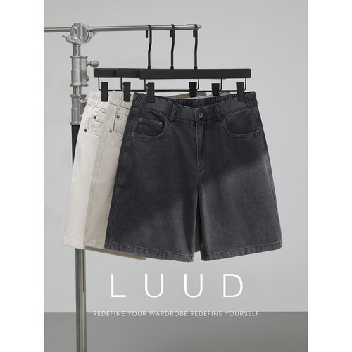 LUUD 时尚百搭男士牛仔短裤复古工装夏季新款纯棉立体裁剪中裤子