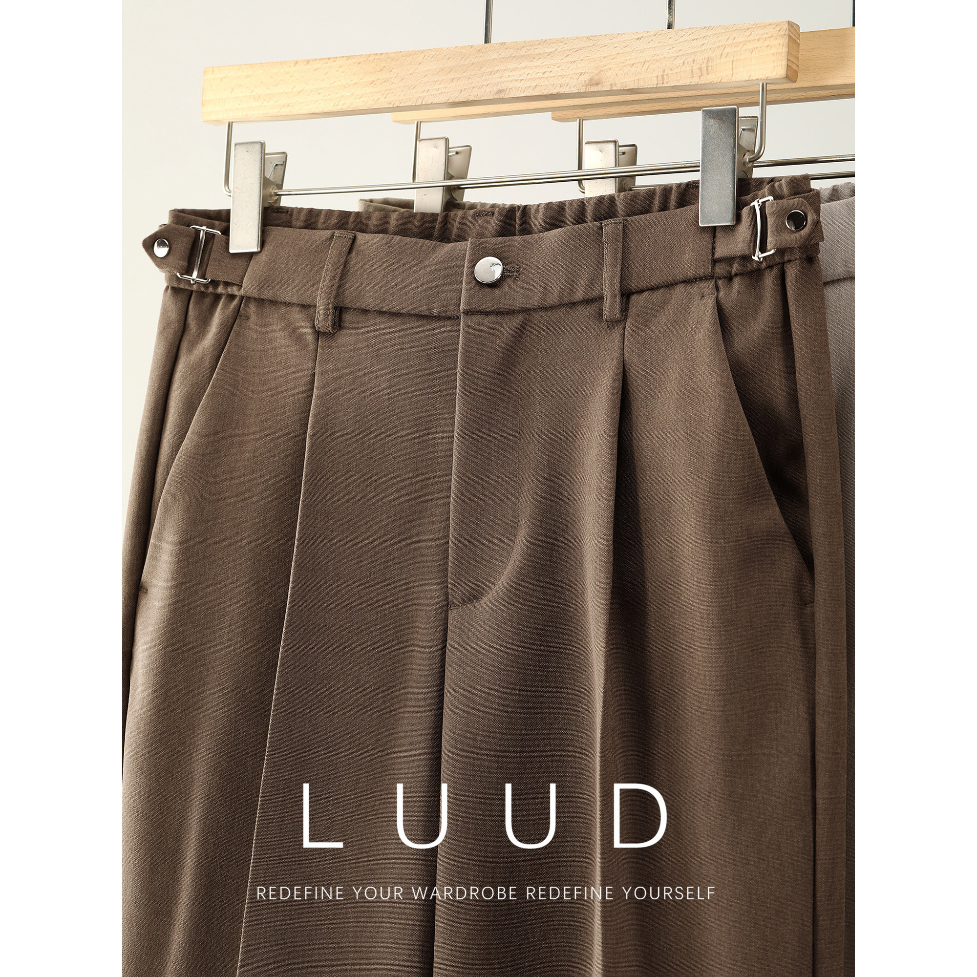LUUD 收紧腰扣设计立体裁剪直筒长裤男裤口褶边免熨烫垂感休闲裤