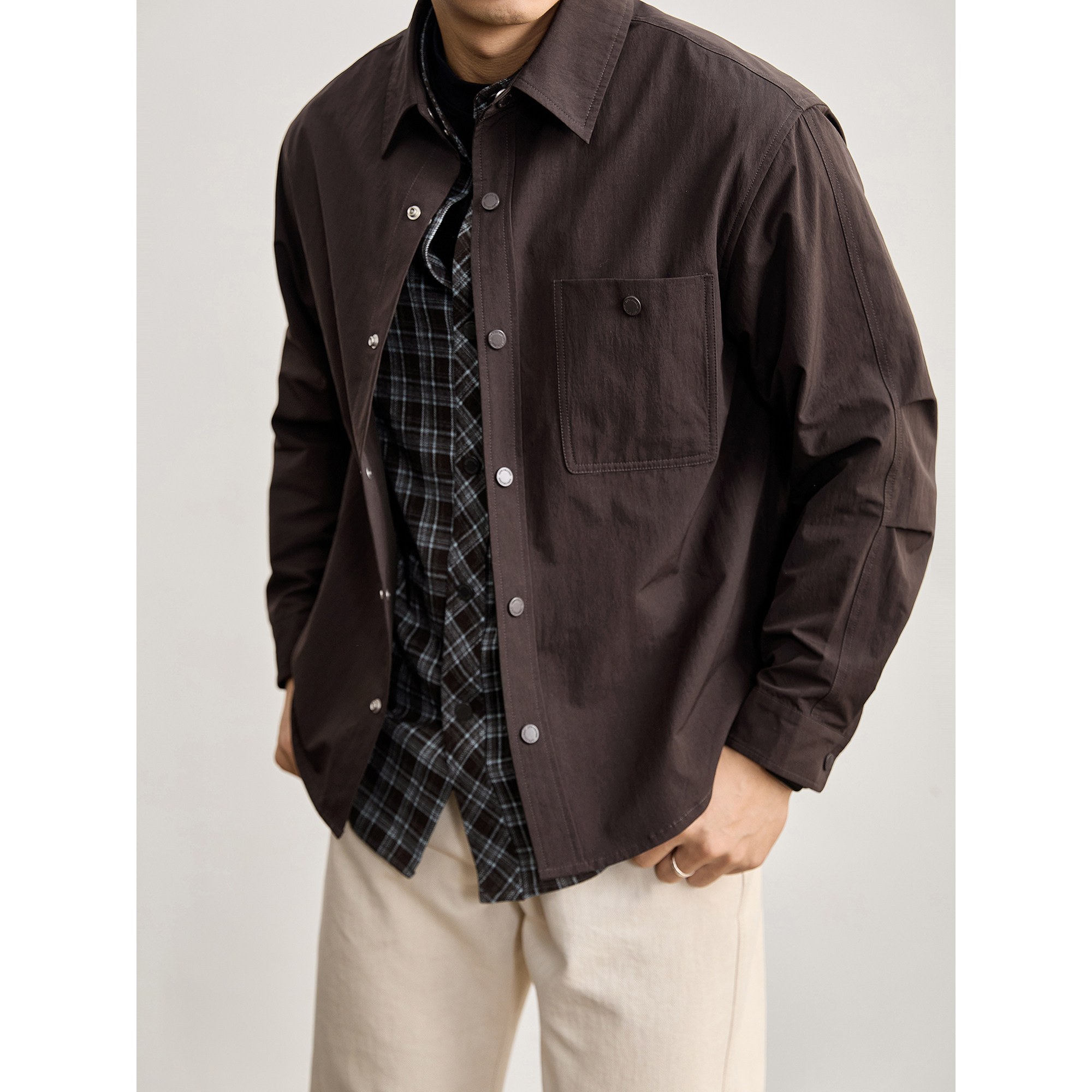 LUUD 雅丹通勤风假两件格纹内衬衬衫外套男春秋抽褶袖层次感衬衣,男装,衬衫,淘宝优惠券,粉丝福利购,淘宝优惠卷