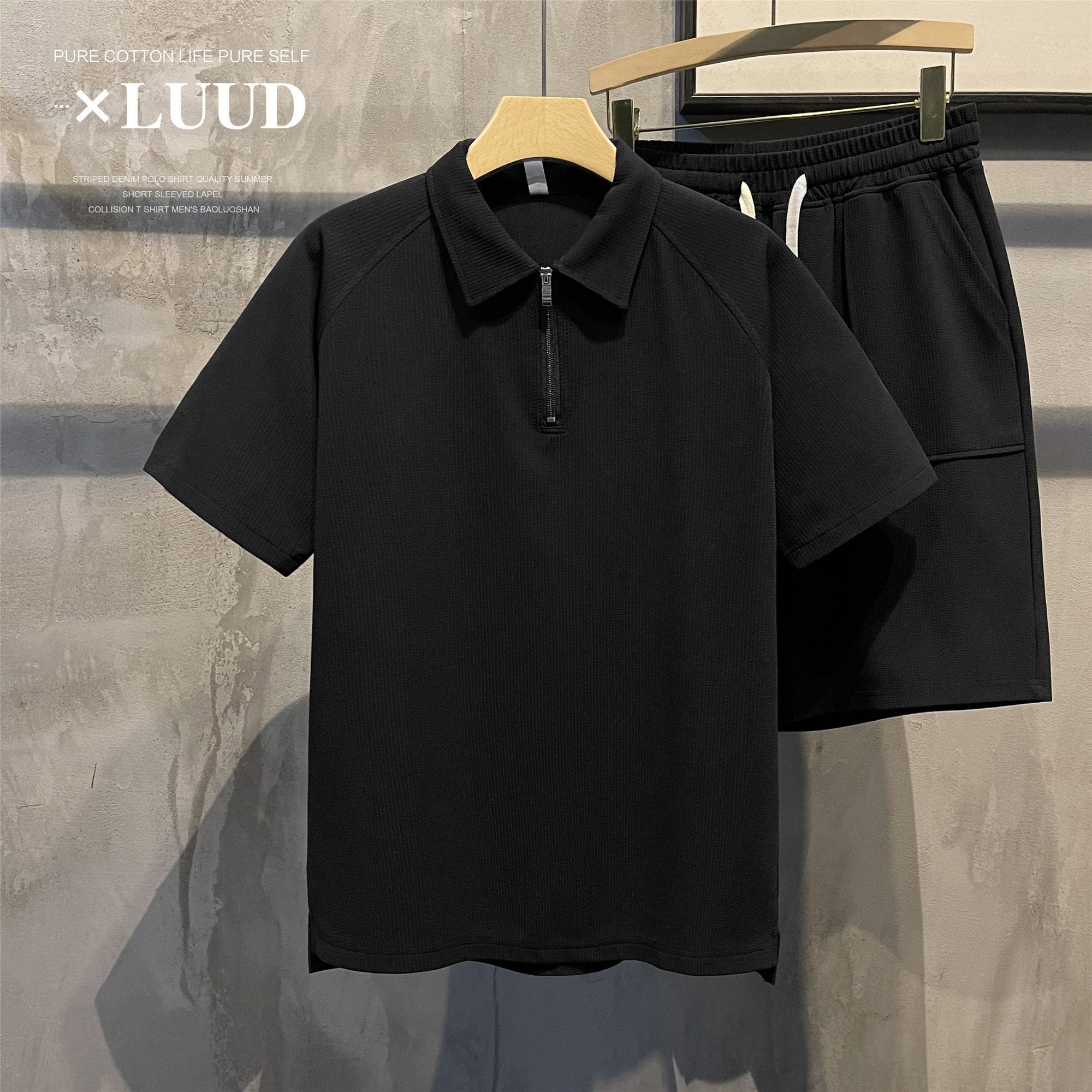 LUUD BOYS SIMPLE LOOSE RAGLAN SHOULDER PAUL SHIRT SUMMER LAPEL HALF ZIP SOLID COLOR SHORT SLEEVE POLO SHIRT TREND